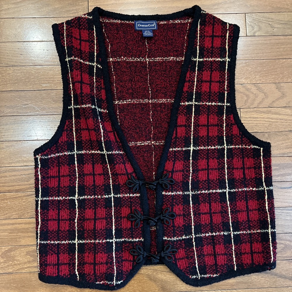 Vintage Charter Club Wool Vest Womens Large Red Plaid Toggle Front Sweater Vest